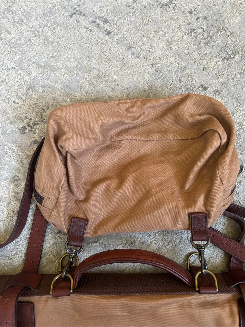 Leather-Trim Tan Canvas messenger Duffel Bag with Shoulder Strap